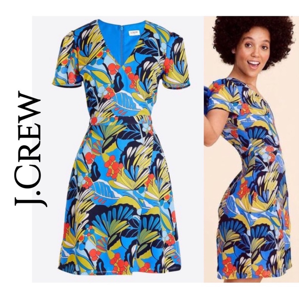 J. Crew Faux Wrap Front Lined Floral Mini Dress Blue,